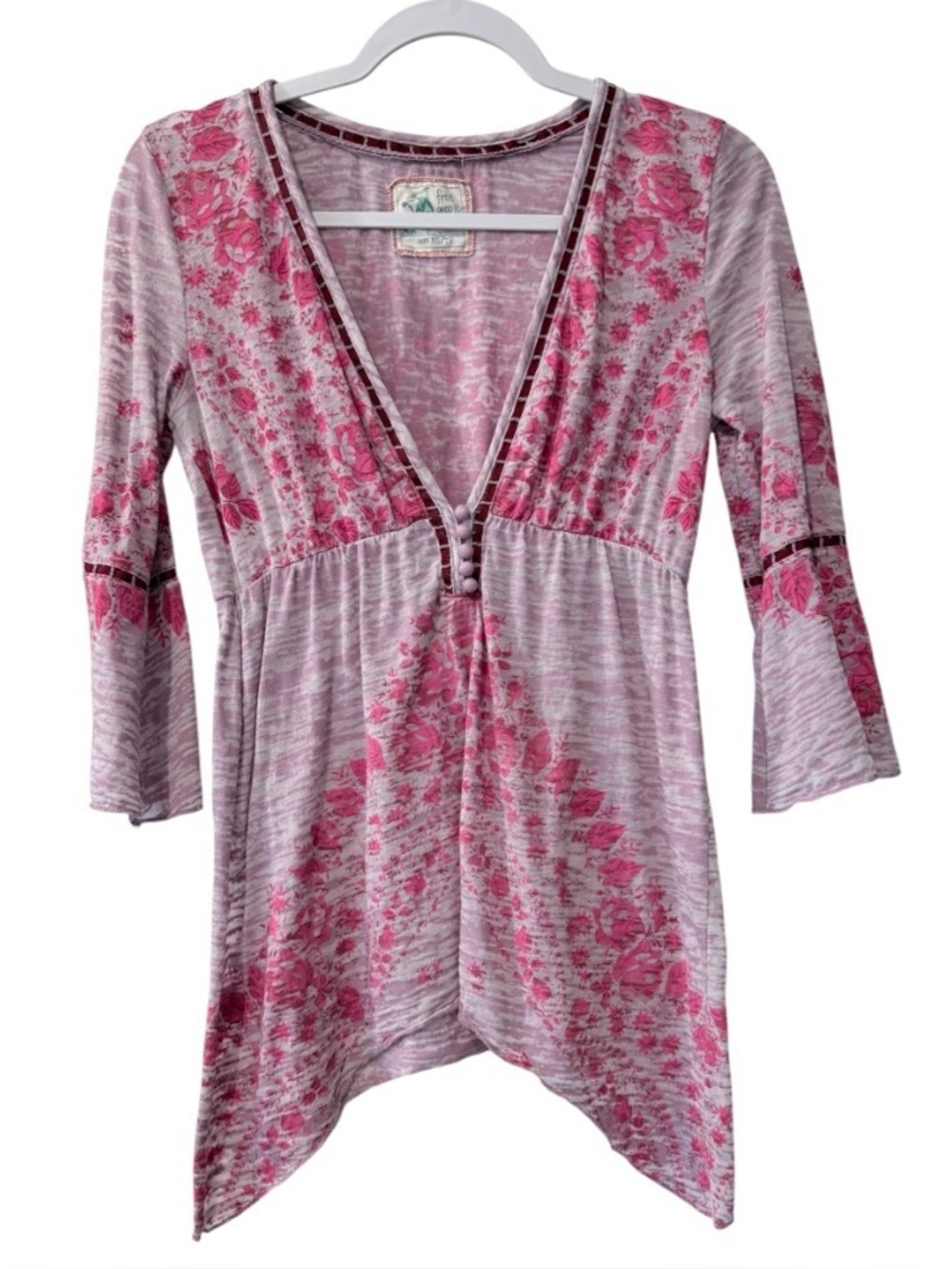 Free People Callie women’s XS V-neck 1/2 sleeve pink floral bohemian tunic